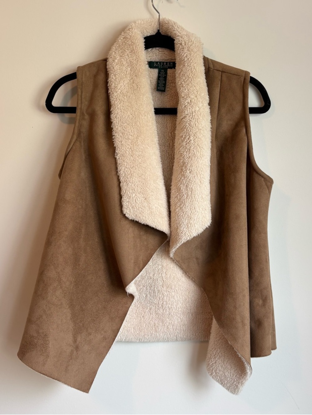 Lauren Ralph Lauren Tan Faux-Suede Vest with Cream Sherpa Trim
